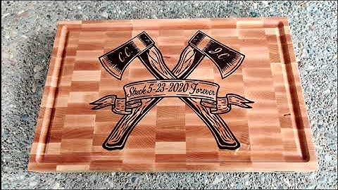 "Stuck Forever" cutting board/butcher block. CNC inlay cutting board. Wood inlay 4k video.