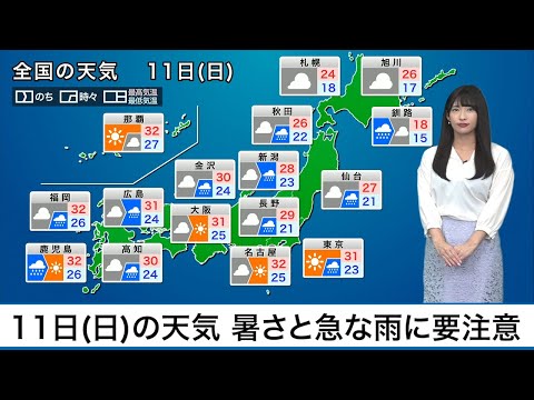 7月11日(日)の天気全国的に暑さと急な雨に要注意