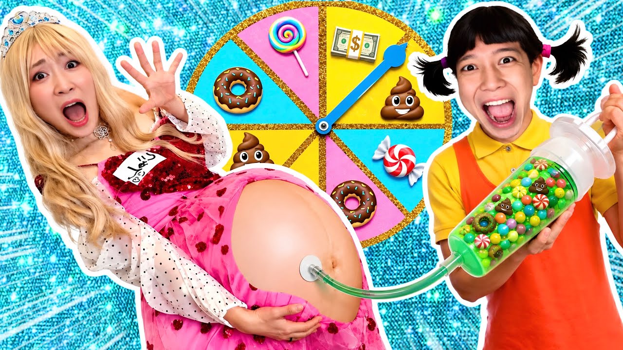 イカゲームに挑戦!お菓子ルーレットでプリンセスのお腹が巨大化して空を飛ぶ?!😱🍭