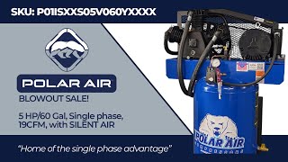 Limited Run: Two Stage, 5 HP 60 Gallon, 19CFM with Silent Air, Single Phase Compressor