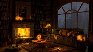 Soft Jazz Music  Rainy Night in Cozy Reading Nook with Heavy Rain, Fireplace Sounds for Sleeping