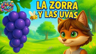 La zorra saltando para alcanzar las uvas de la parra, animación 3D