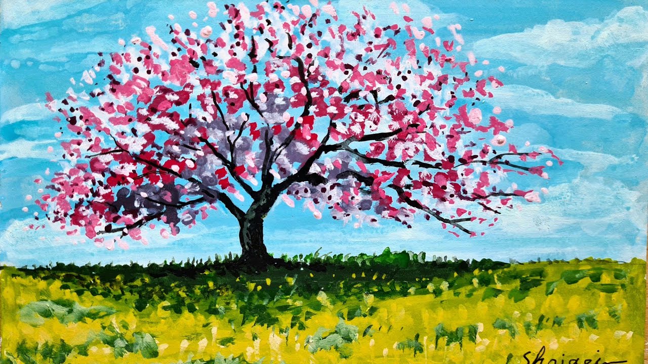 نقاشی درخت  در بهار   | قدم به قدم با رنگ آکریلیک