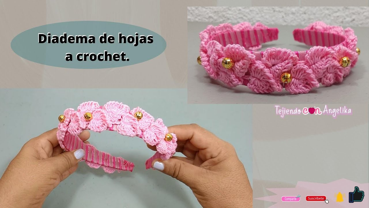Diadema tejida a crochet hojas en 3D 