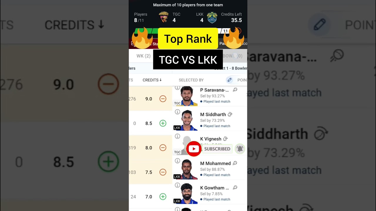 TGC VS LKK Dream 11 Team prediction || CS vs GM team prediction|| 