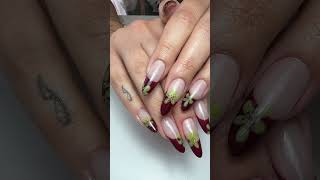 Clear heart structure gel and almond dual form nail extensions, French floral nail design ￼