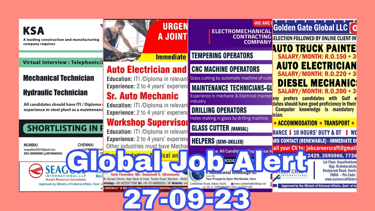 Current jobs for Gulf Countries. Global Job Alert 27-09-23 