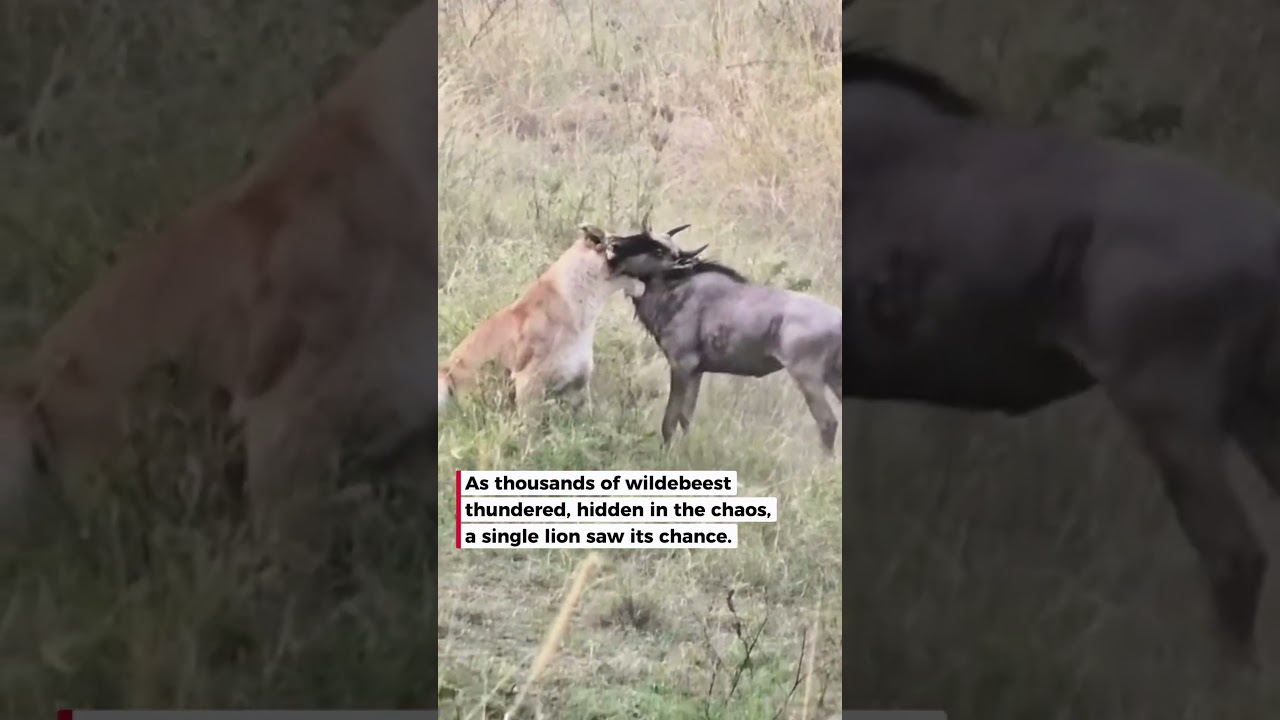 Lone Lion Catches Wildebeest During Migration
