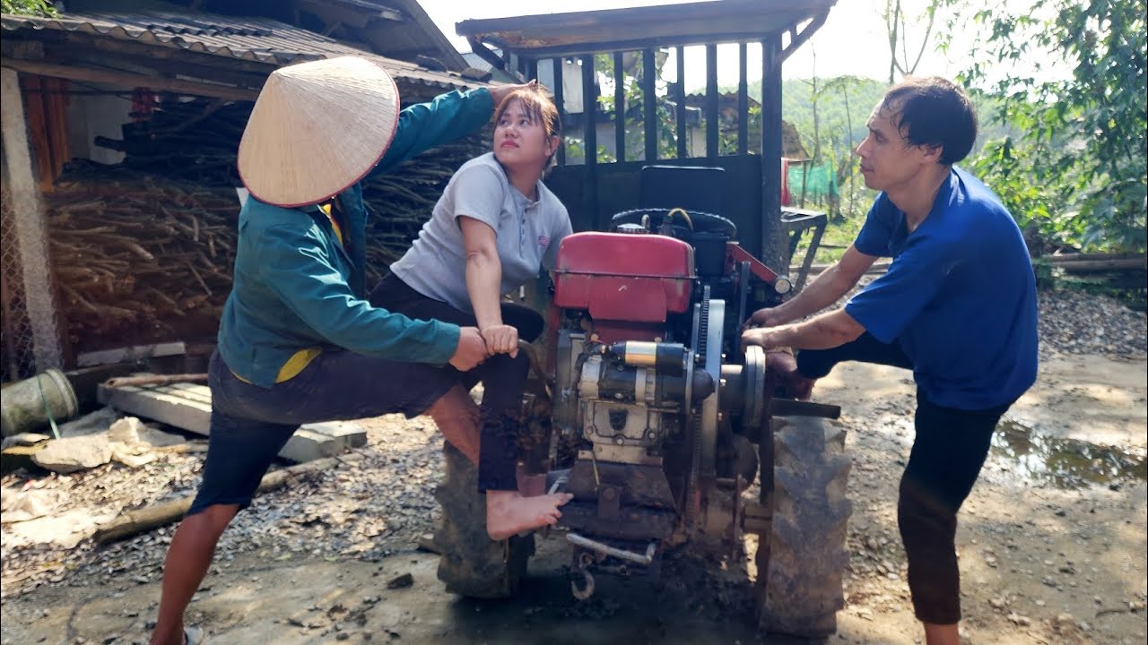 Agricultural vehicle transporting wood; rural girl transporting construction materials.