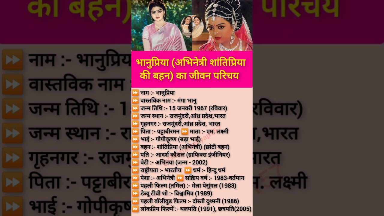 भानुप्रिया (अभिनेत्री शांतिप्रिया की बहन) का जीवन परिचय // 