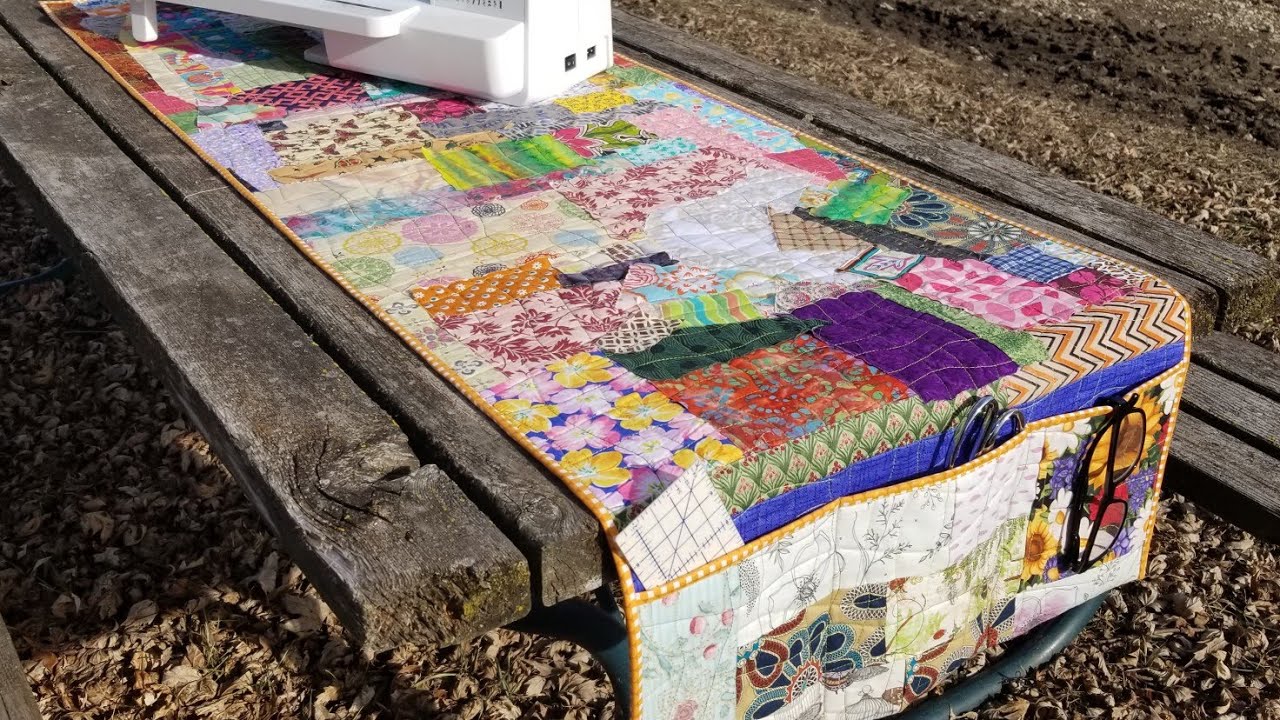 SCRAP BUSTING 2021: Fabric Collage Sewing Machine Mat Table Runner with Pockets