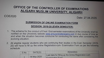 AMU Registration cum examination card  2019_20, for Even semester and backlog (ex-students), EXAM FO