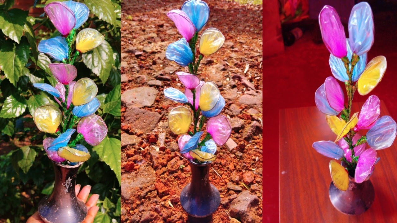 Diy plastic carry bag flowers vase making/plastic bag reuse idea/Craft idea/Mousumi's Skills