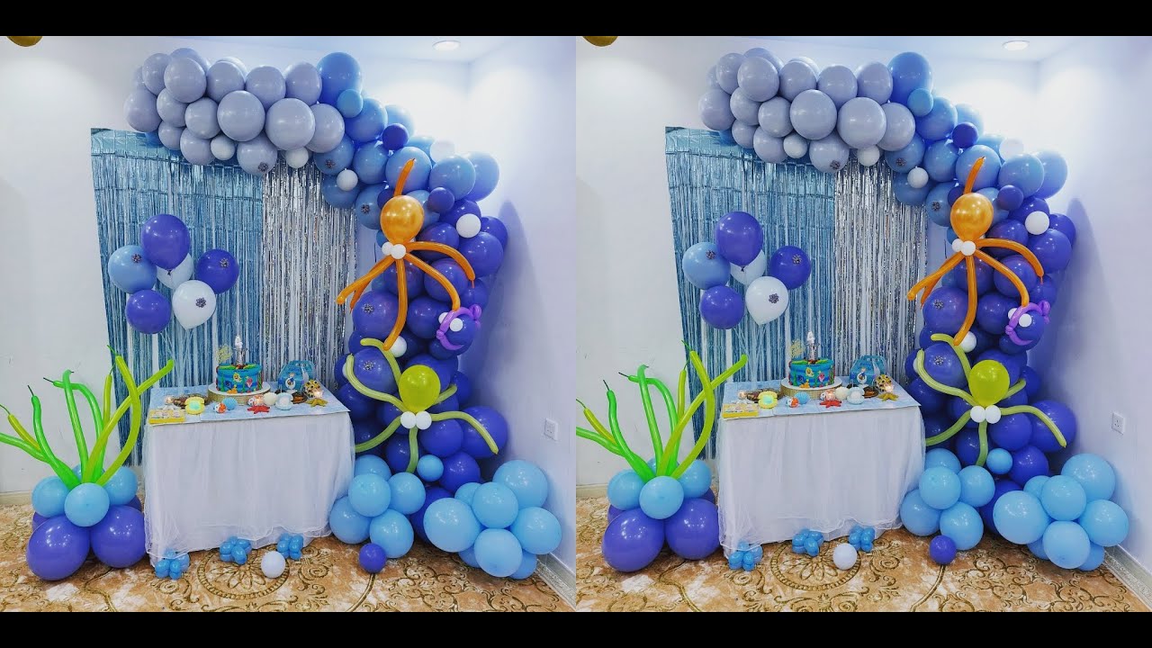 عيد ميلاد ابني ،، تورتة بيبي شارك و ديكور اعماق البحار بالبالون