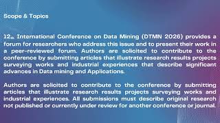 12th International Conference on Data Mining (DTMN 2026)