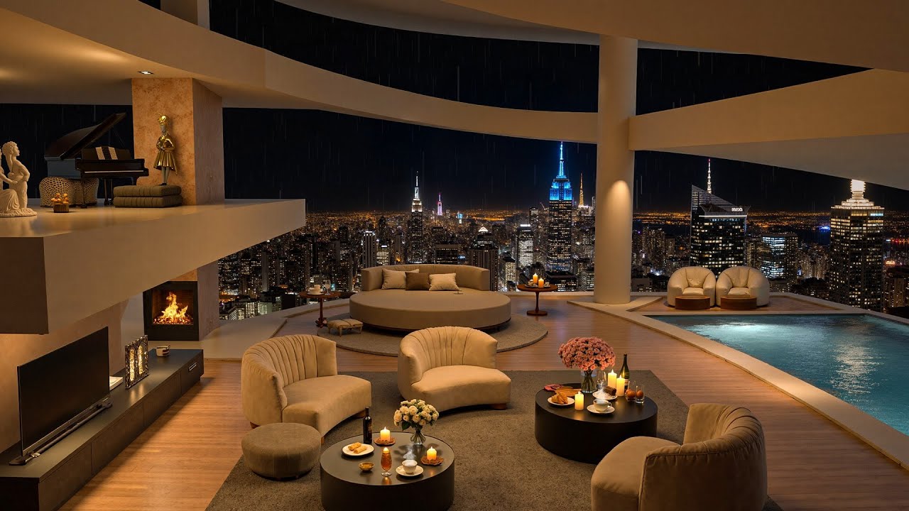View of 4K Luxurious Apartment Overlooking the City Night 🎶 Smooth Piano Jazz ...