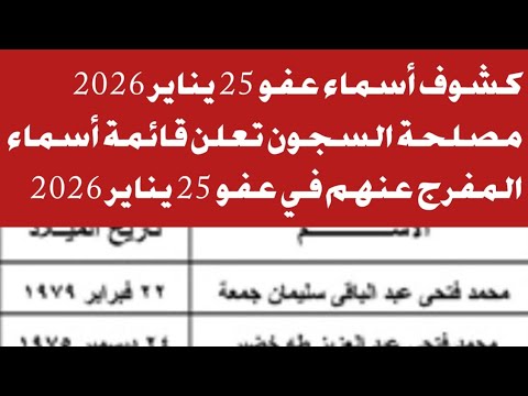 كشوف أسماء عفو 25 يناير 2026 مصلحة السجون تعلن قائمة أسماء المفرج عنهم في عفو 25 يناير 2025 آخر أخبا