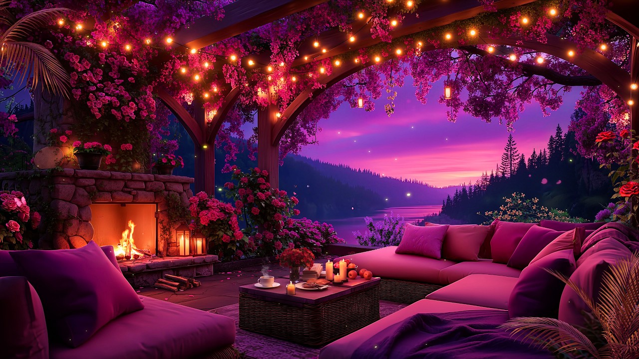 Rose Canopy Twilight 🌸 Cozy Stone Fireplace & Pink Lake Sunset Mountain Retreat