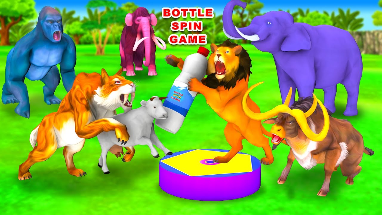 Lion Cow Bull Elephant Gorilla Woolly Mammoth vs Saber Tooth Tiger Wild Animal Spin The Bottle Game