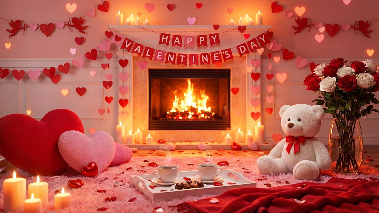Cozy Valentine's Day Ambience ❤️ Soft Piano Music & Warm Fireplace Ambience for Work, Study & Relax