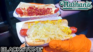AMERICAN STREET FOOD - BEST HOT DOGS IN NEW YORK - NATHAN'S FAMOUS MADE ON THE BLACKSTONE GRIDDLE!