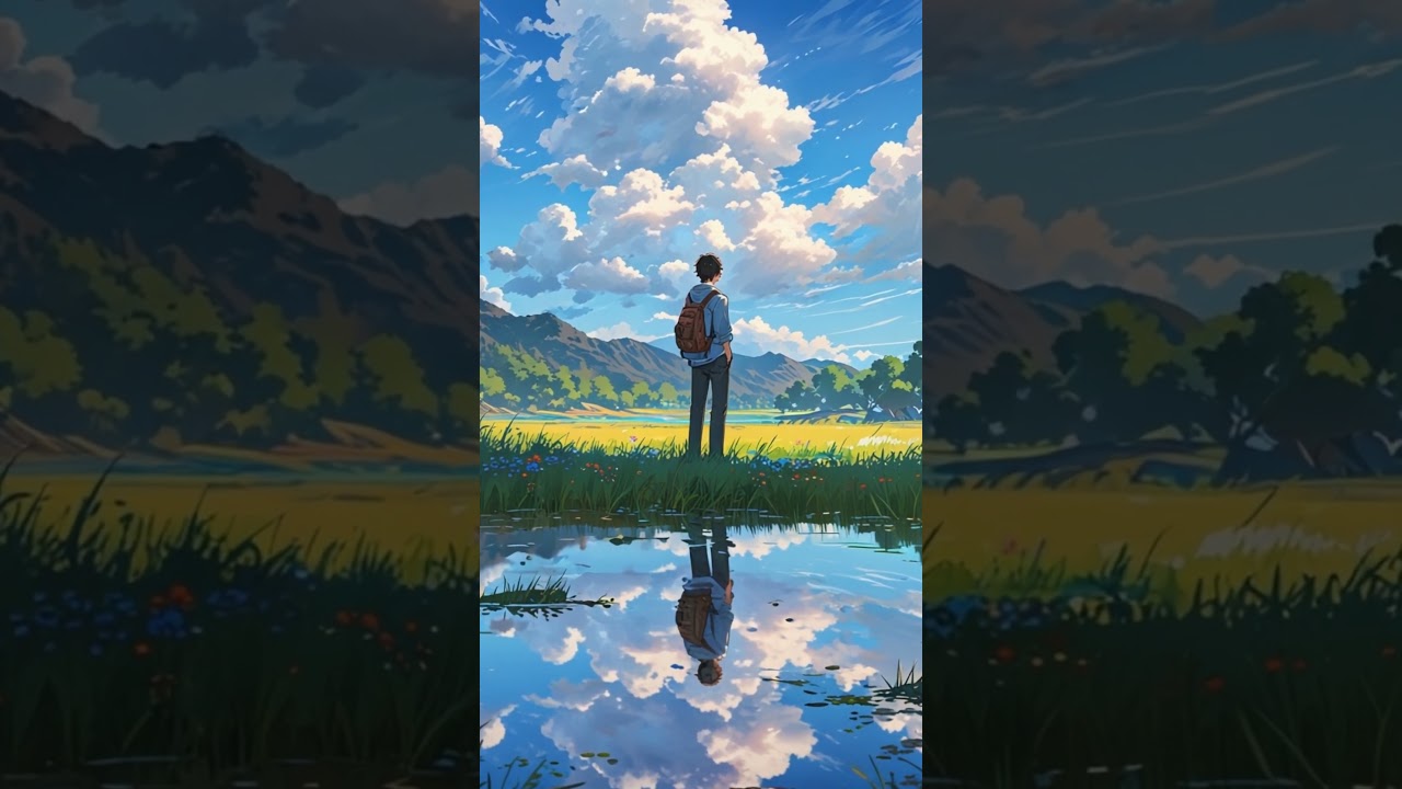 Man by the Lake | Peaceful Anime Scene Under a Cloudy Sky