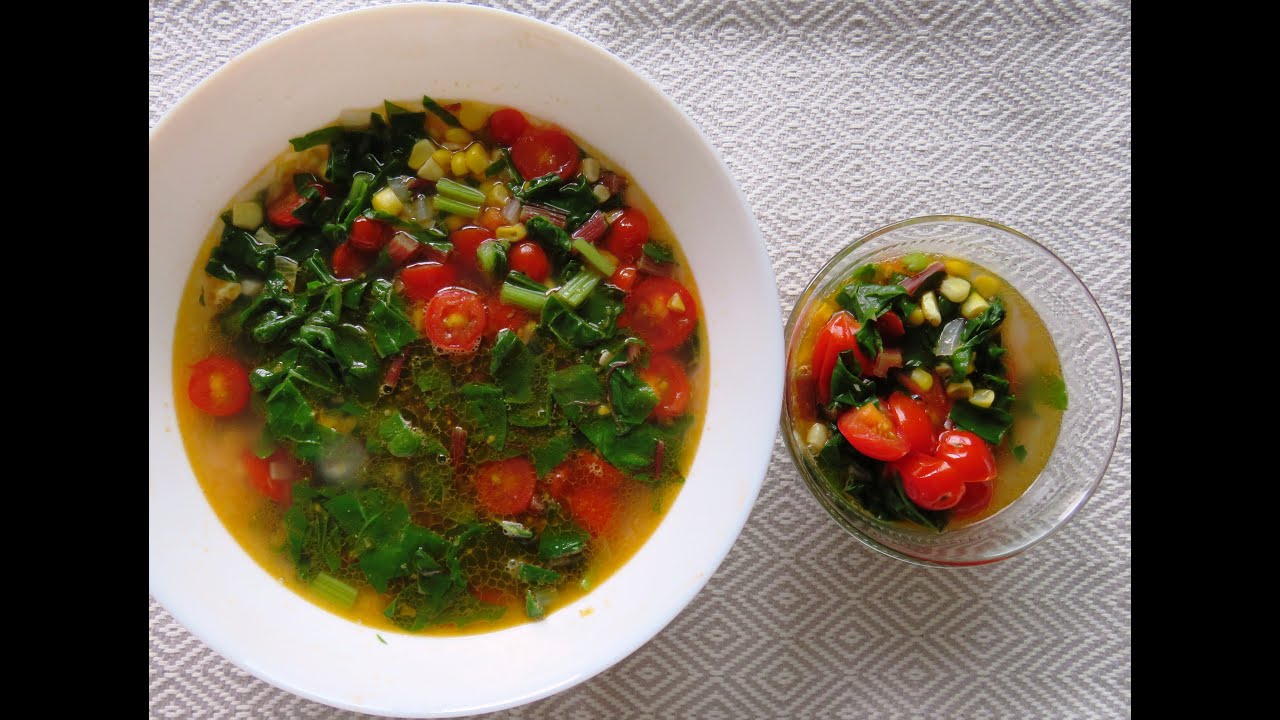 Swiss chard with sweet corn soup: rainbow, tasty vegetable soup