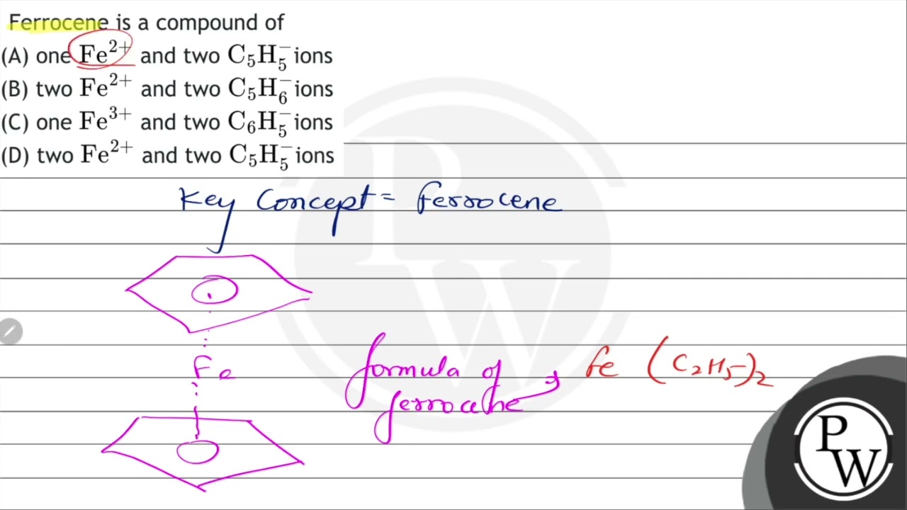 Ferrocene is a compound of
(A) one \( \mathrm{Fe}^{2+} \) and two \( \mathrm{C}_{5} \mathrm{H}_{...