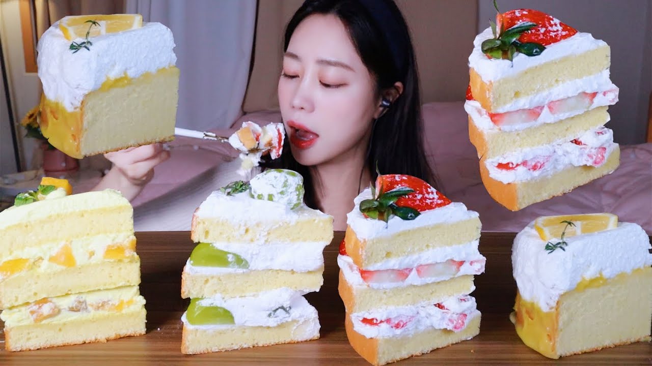 ASMR 샤인머스캣 망고 레몬 딸기 생크림 케이크 종류별로 먹방 ! ( Cake Deseert Mukbang Eating sounds )