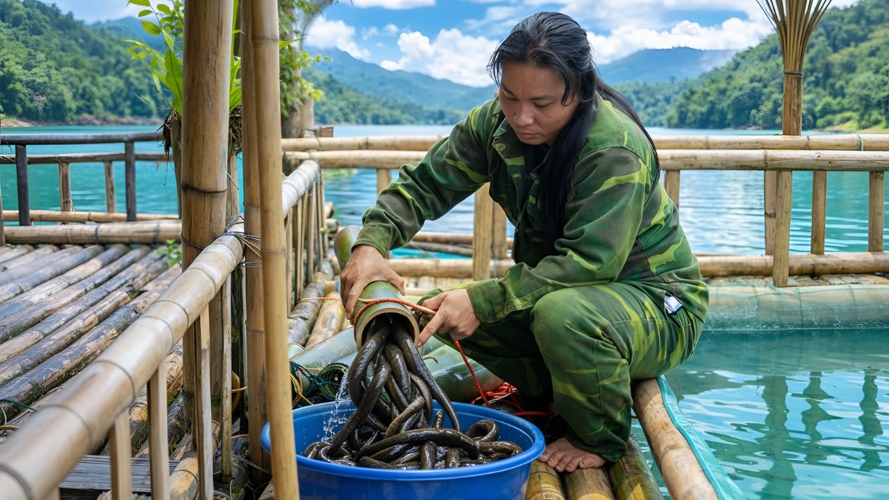 Using bamboo to trap eels - Harvesting natural food, caring for ducks, surviving on the river