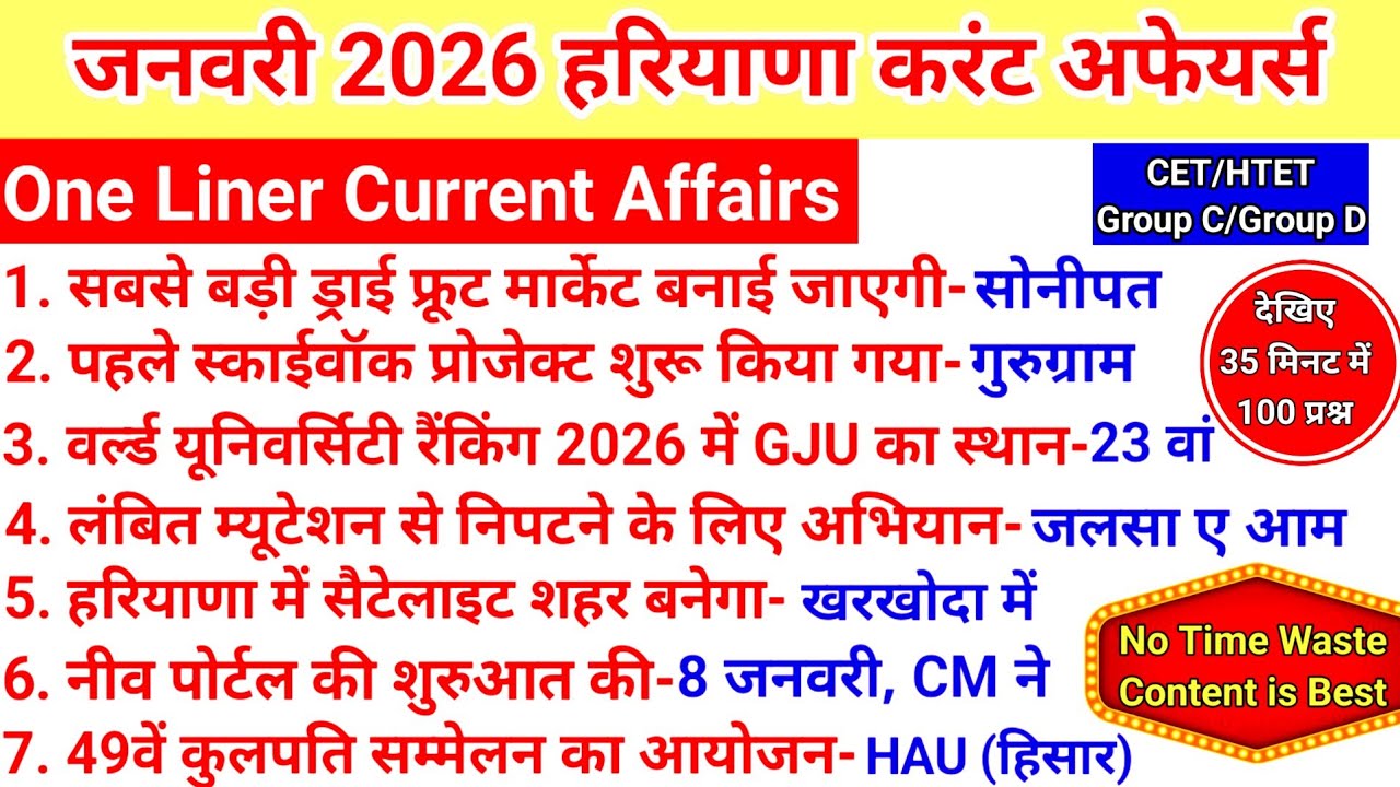 जनवरी 2026 करेंट अफेयर्स।January 2026 Haryana Current Affairs।HSSC/CET/HTET/Police_#cet #gk_#current