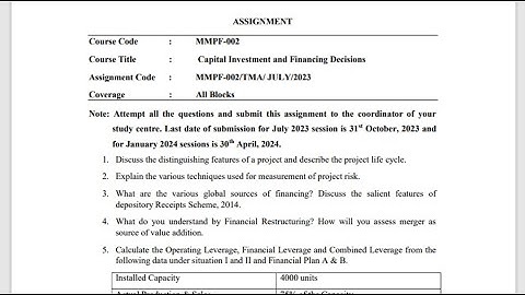 IGNOU MMPF - 002 Solved Assignment July 2023 Jan 2024 MBA Capital Investment and Financing Decisions