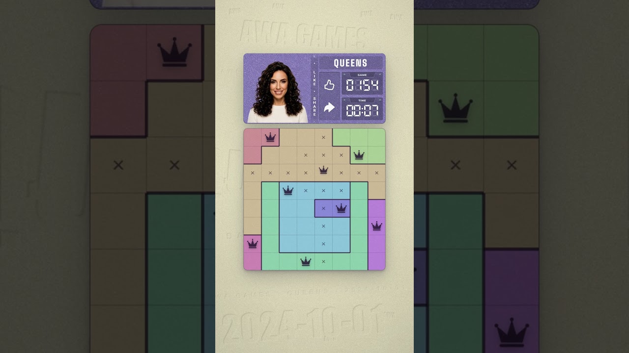 LinkedIn Queens #154 solved board for October 1, 2024, 8x8 grid