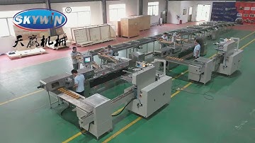 Skywin Auto Feeding System Connected With 2 Sets Sandwich Biscuit Machine And On Edge Flow Pack