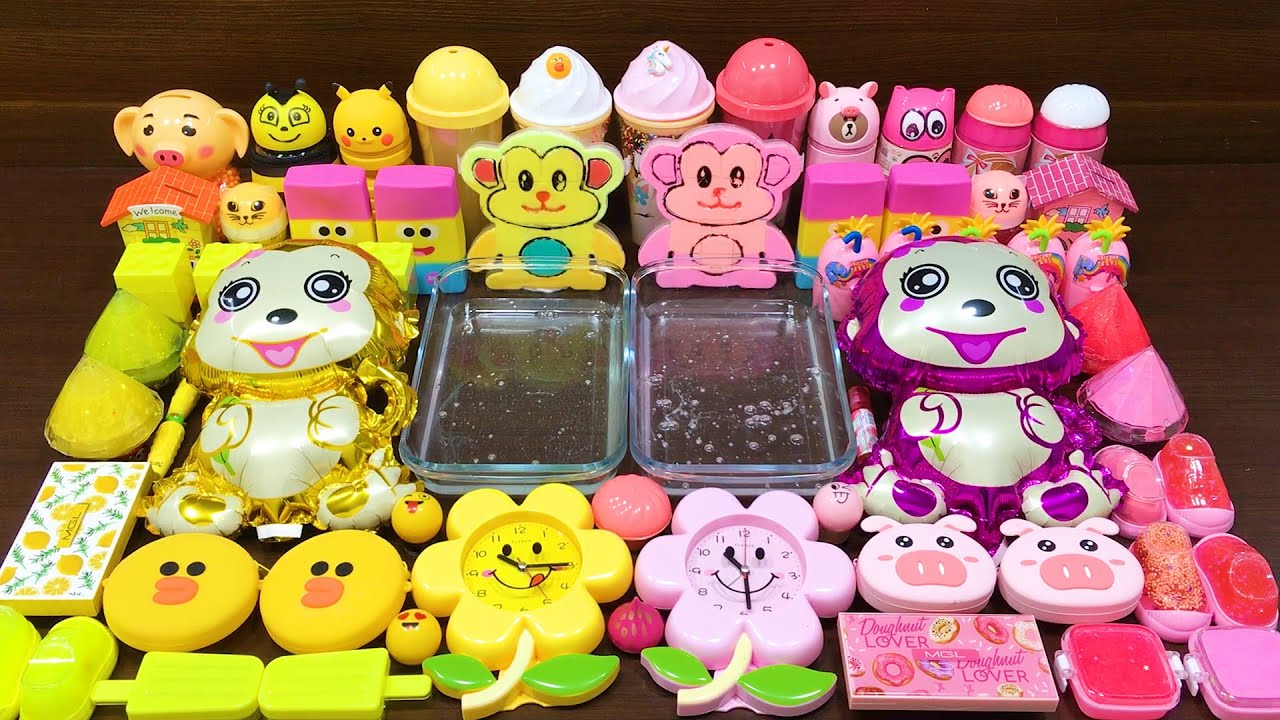 PINK vs YELLOW! Mixing Random Things into CLEAR Slime! Satisfying Slime Videos 