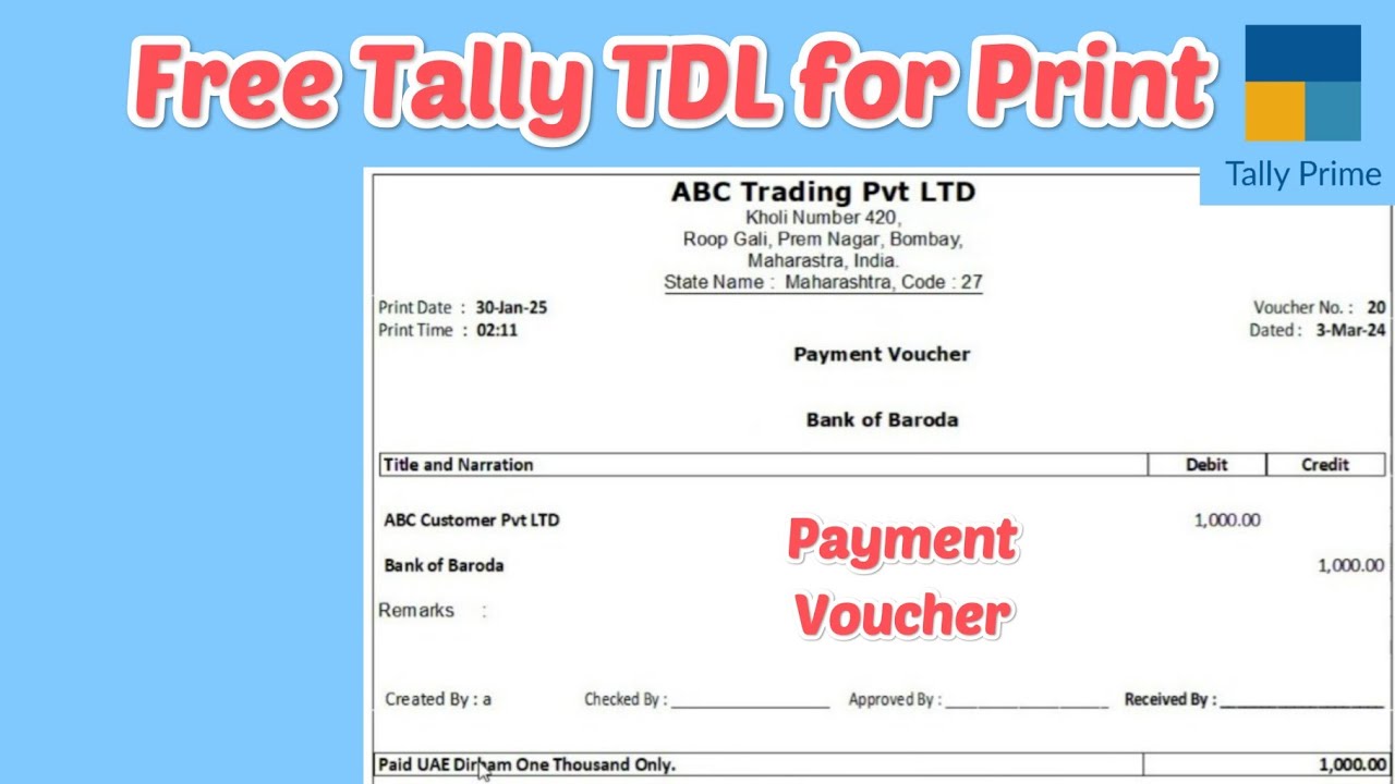 Free TallyPrime TDL for Payment Voucher Print Customization, Payment ...