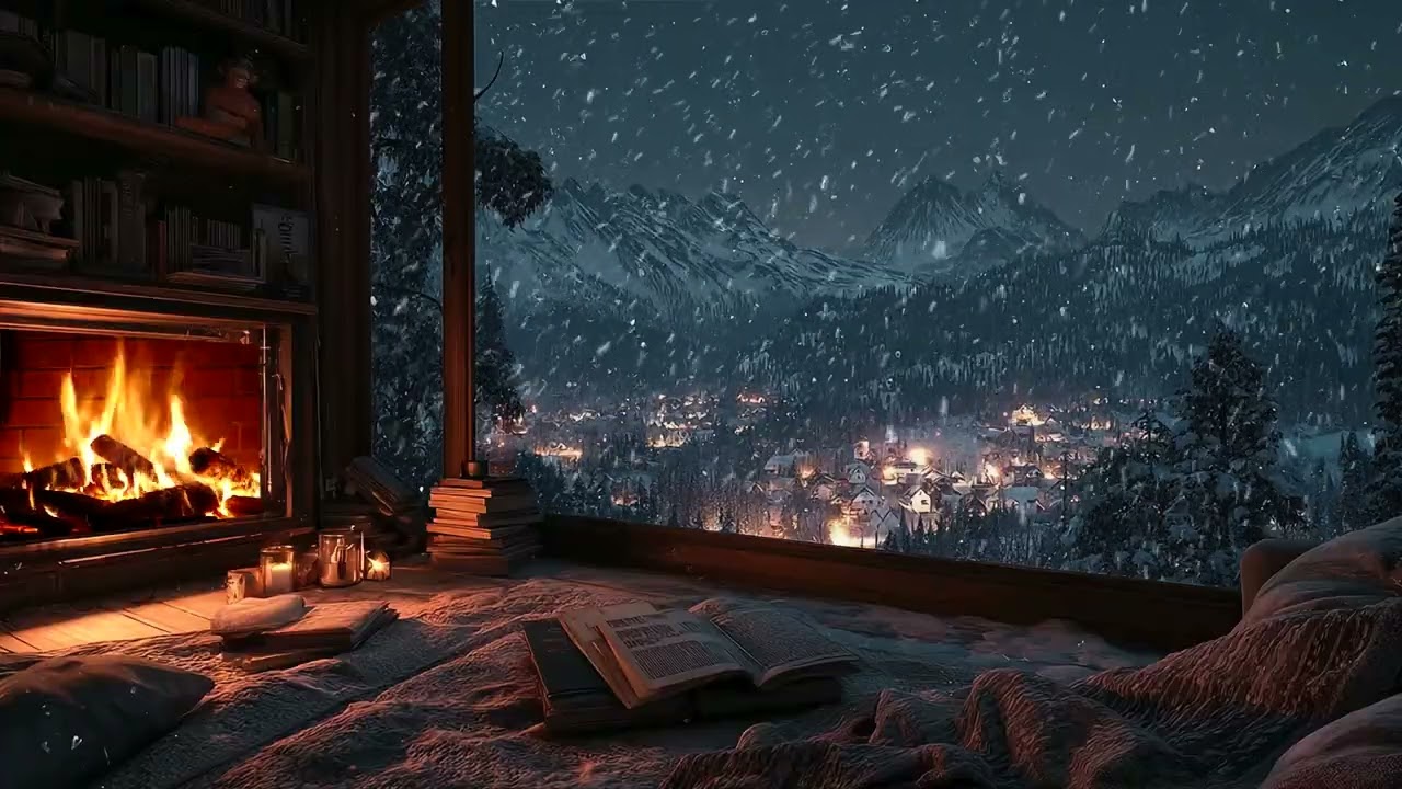 Cozy Cabin Ambience & Snow Mountain View | Fireplace & Snowfall Sounds for Deep Rest & Inner Balance