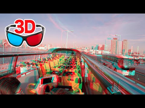 3d video tokyo muhteşem manzaralar - çift katlı üstü açık otobüs / kırmızı mavi anaglif