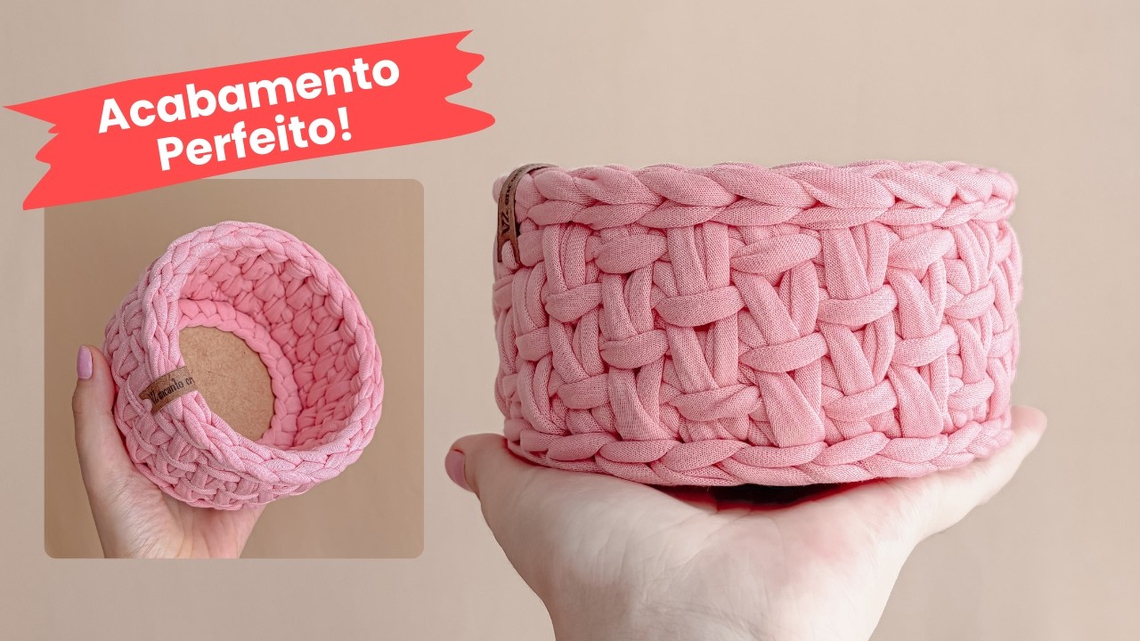 Round Crochet Basket with MDF Base | Small Cachepot with Knitted Yarn