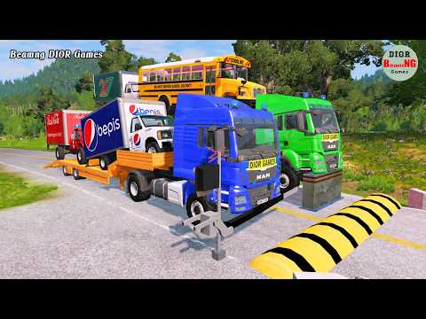 Double Flatbed Trailer Truck vs speed bumps|Busses vs speed bumps|Beamng Drive|1505