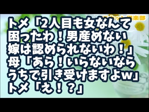 【スカッとする話】トメ「また女の子なんて！男の子も産んでもらわないとウチの嫁とは認められないわね（ﾆﾔﾆﾔ）」実母「あら！ではウチでお引き受けしますよ！夫君も孫ちゃんもｗ」トメ「！？」
