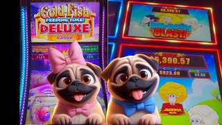 FIRST SPIN BONUS! Gold Fish Feeding Time Deluxe Castle/Baa-Boom Blast Slot Machine | Gambling Pugs