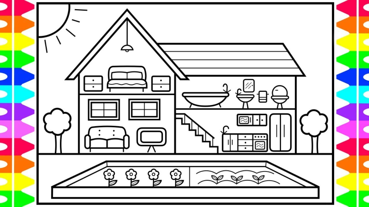 How to Draw a Dollhouse with Pool for Kids 💚💙💜Dollhouse Drawing