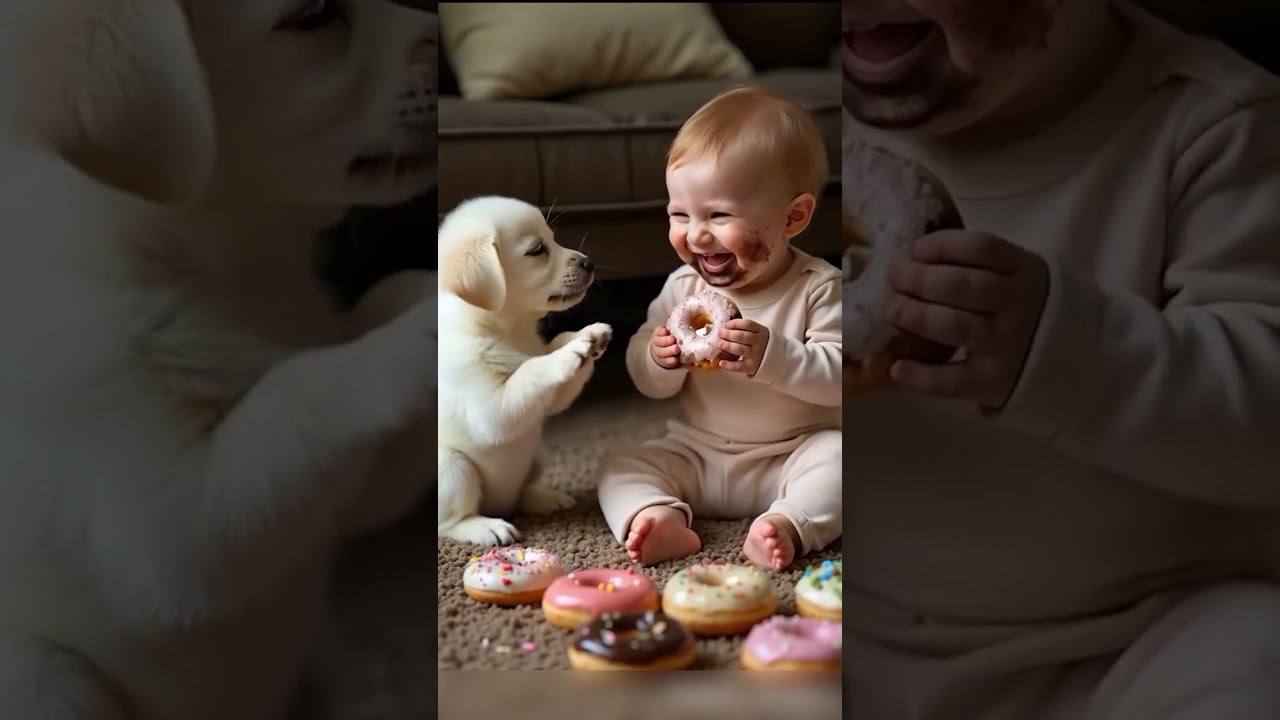 Baby Boy & Dog Fighting For Donuts  