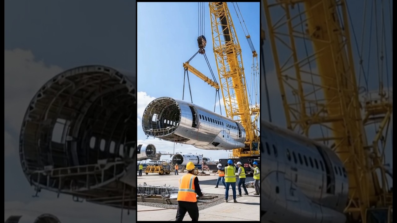 crane loses balance while lifting aircraft frame 🏗️ 