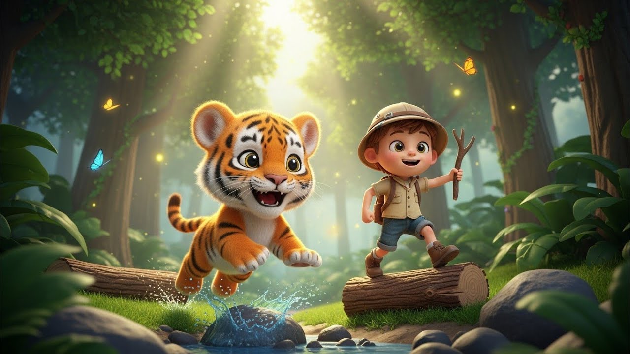 Brave Little Boy and Baby Tiger Explore the Jungle