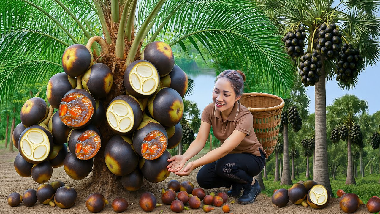 Harvesting Rare Dwarf Palm Super Fruit in Forest, Peeling Pearl Seeds | Unique Natural Forest Food