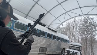 Dangerous Snow Removal Off The Container Shelter Roof