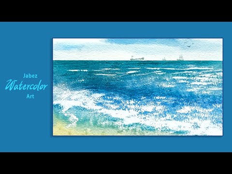 浪漫海景水彩畫《水彩蔚藍海景》Watercolor azure seascape | 水彩の紺碧の海景 | 수채화 푸른 바다 경치《DIY彩繪系列 #99》