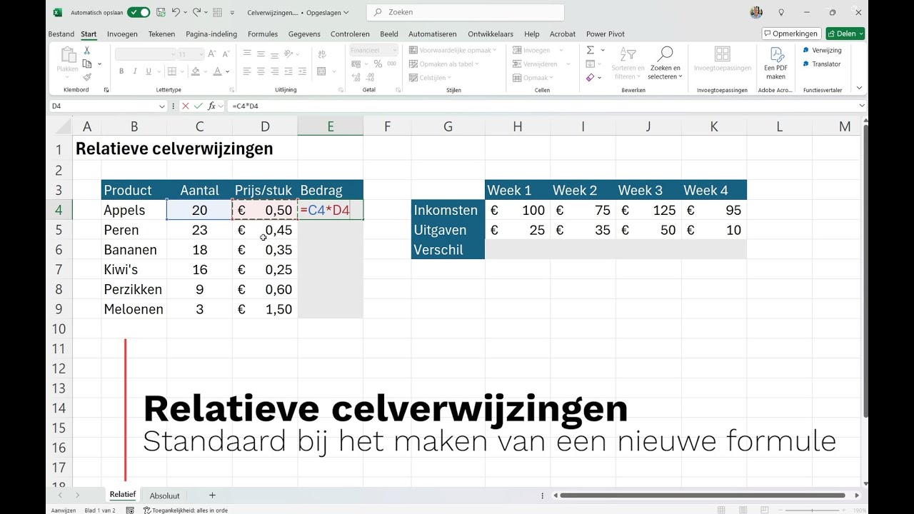 Relatieve en absolute celverwijzingen